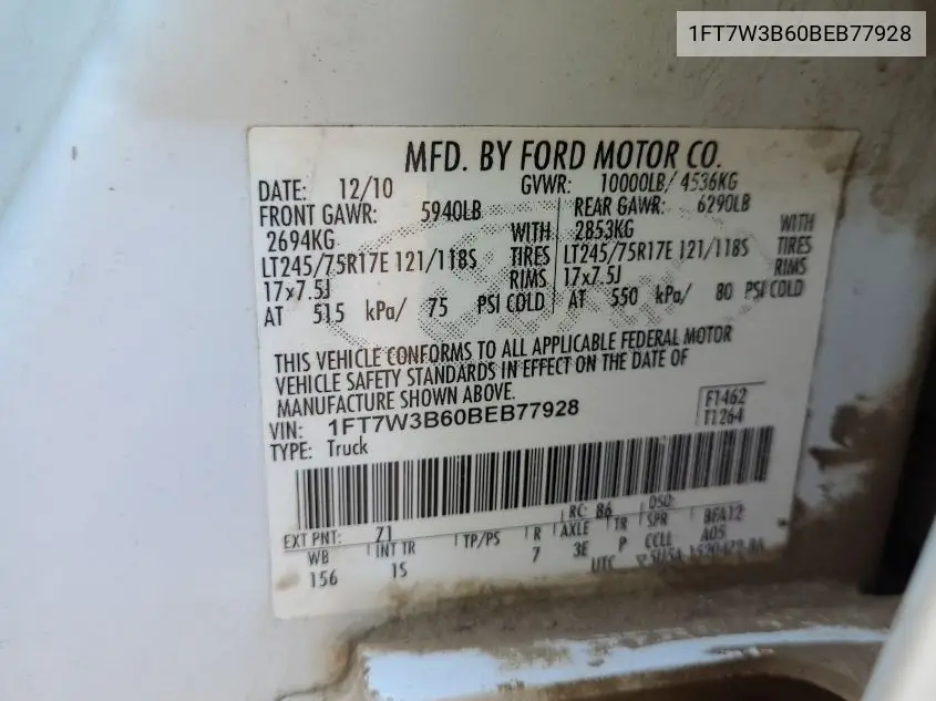 2011 Ford F350 Super Duty VIN: 1FT7W3B60BEB77928 Lot: 42626946