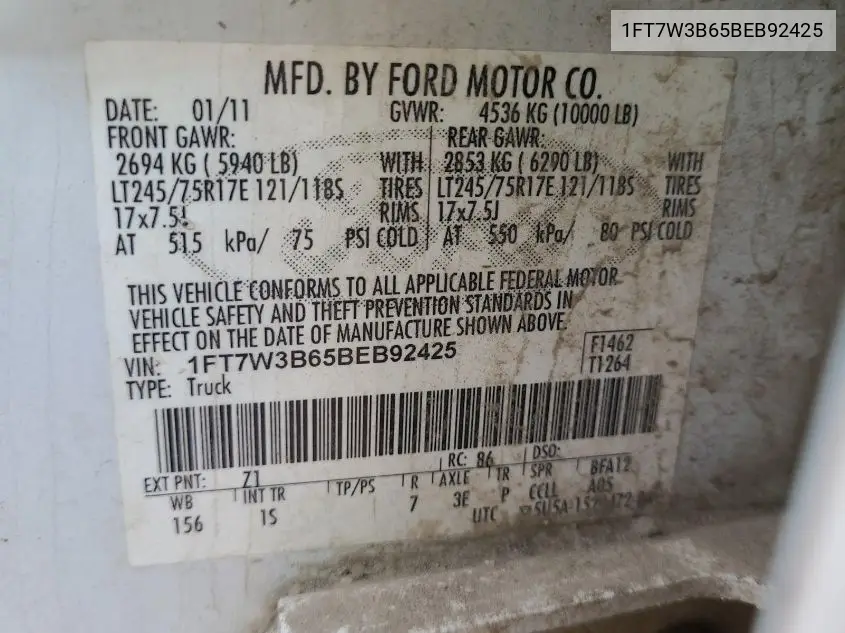 2011 Ford F350 Super Duty VIN: 1FT7W3B65BEB92425 Lot: 42626973
