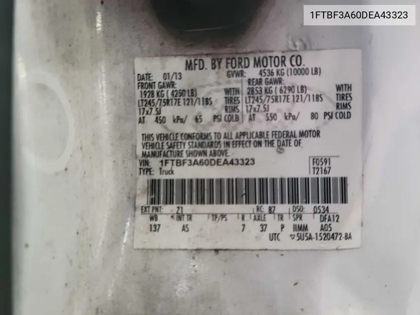 2013 Ford F350 Super Duty VIN: 1FTBF3A60DEA43323 Lot: 42635471