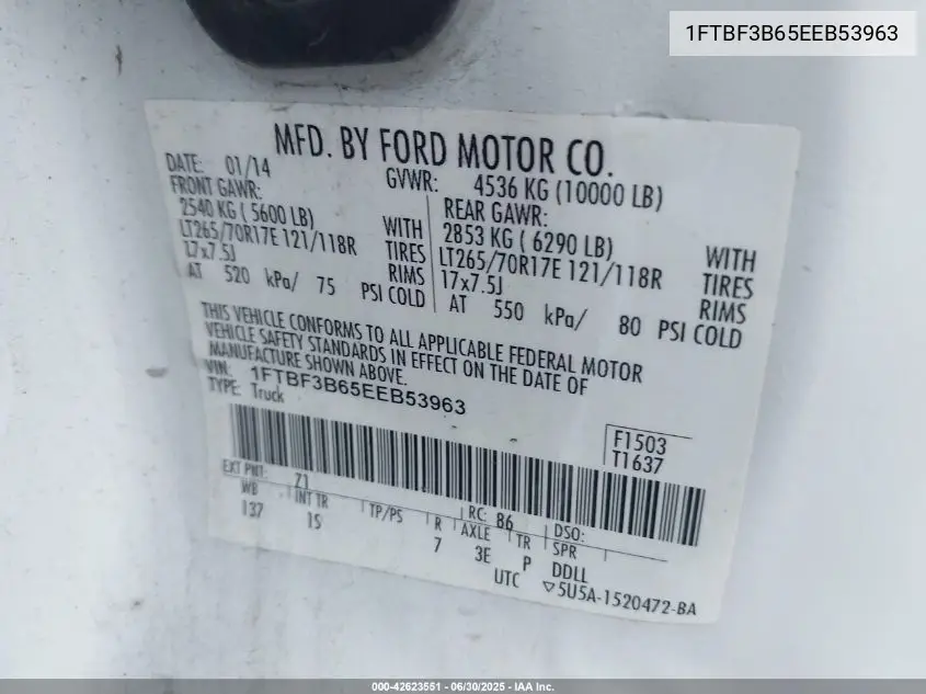 2014 Ford F350 Super Duty VIN: 1FTBF3B65EEB53963 Lot: 42623551
