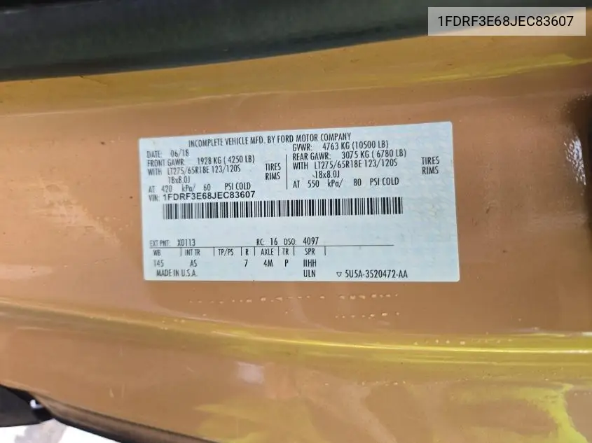 2018 Ford F350 Super Duty VIN: 1FDRF3E68JEC83607 Lot: 42260332