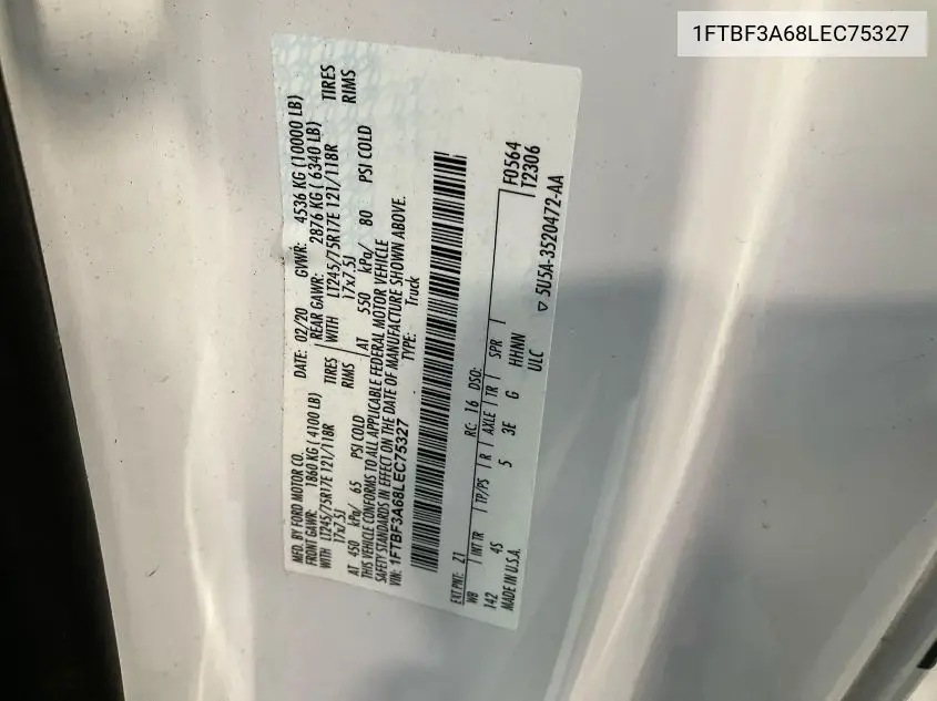 2020 Ford F350 Super Duty VIN: 1FTBF3A68LEC75327 Lot: 42639294