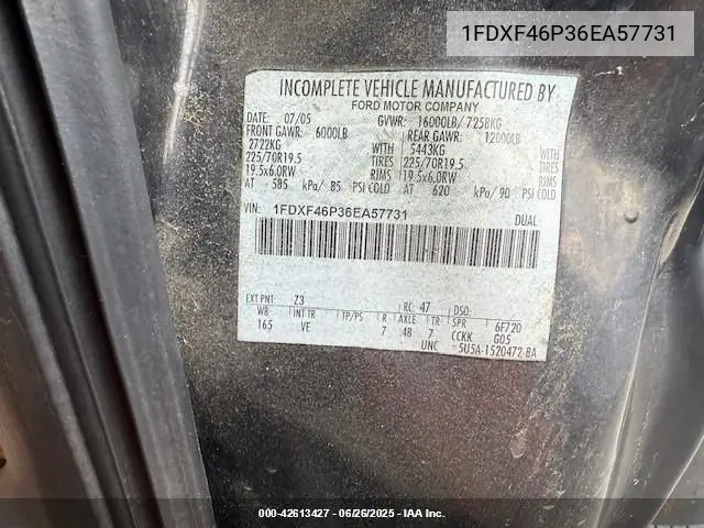 2006 Ford F-450 Chassis Xl/Xlt VIN: 1FDXF46P36EA57731 Lot: 42613427