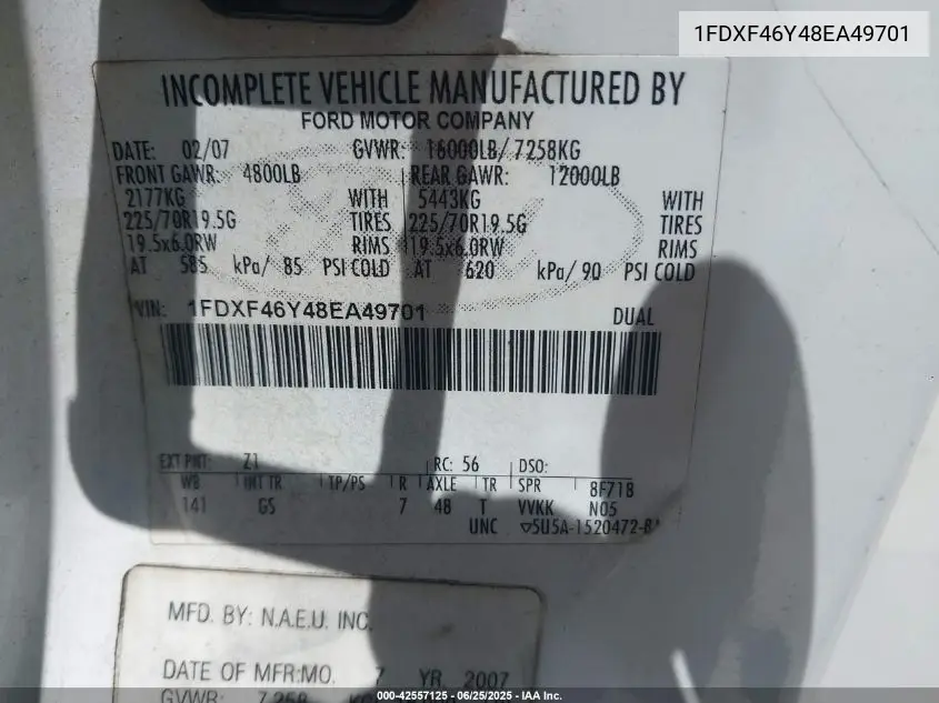 2008 Ford F-450 Chassis Xl/Xlt VIN: 1FDXF46Y48EA49701 Lot: 42557125