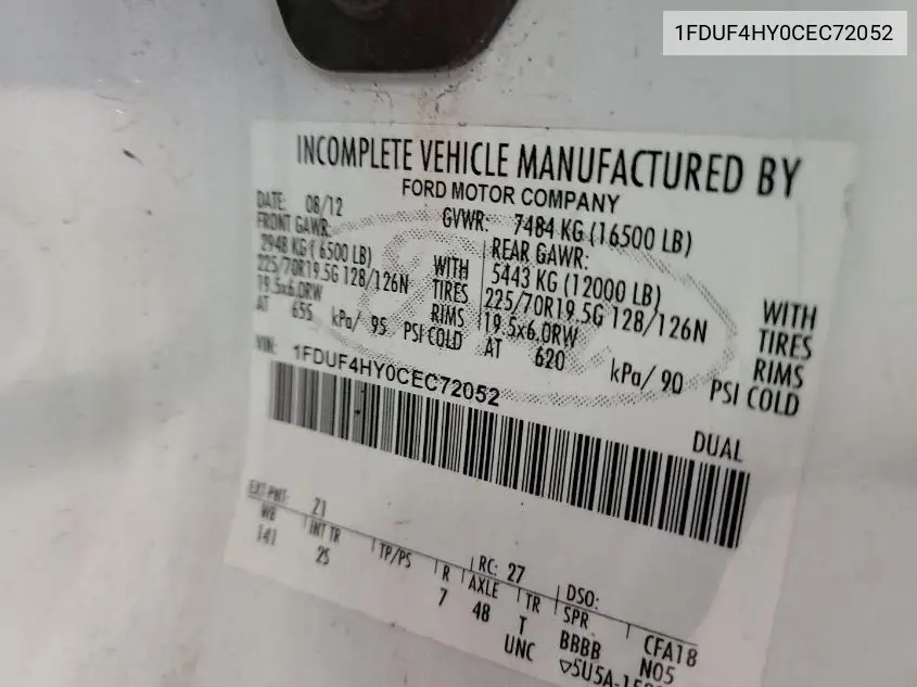 2012 Ford F-450 Chassis Xl VIN: 1FDUF4HY0CEC72052 Lot: 42677887