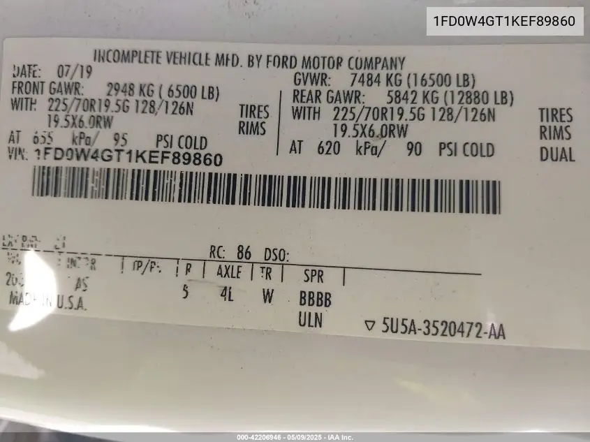 2019 Ford F-450 Chassis Xl VIN: 1FD0W4GT1KEF89860 Lot: 42206946