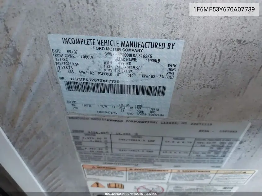 2007 Ford F550 Super Duty Stripped Chass VIN: 1F6MF53Y670A07739 Lot: 42393421