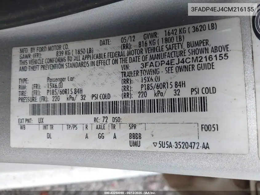 2012 Ford Fiesta Se VIN: 3FADP4EJ4CM216155 Lot: 42258098