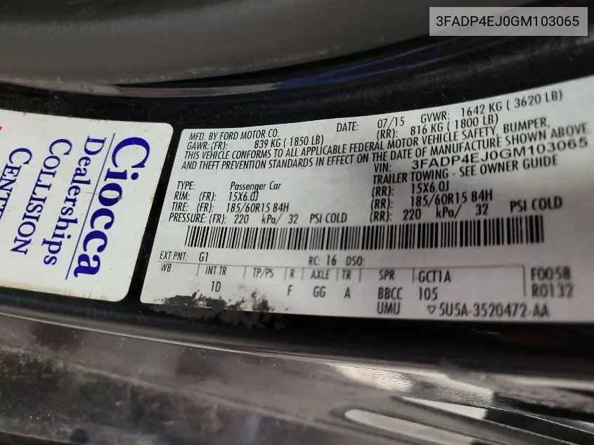 2016 Ford Fiesta Se VIN: 3FADP4EJ0GM103065 Lot: 42621216