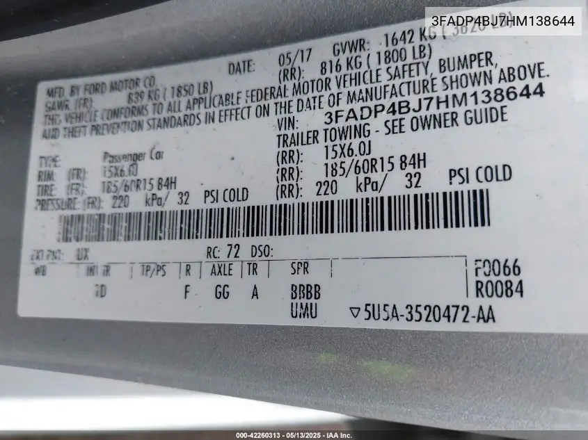 2017 Ford Fiesta Se VIN: 3FADP4BJ7HM138644 Lot: 42260313