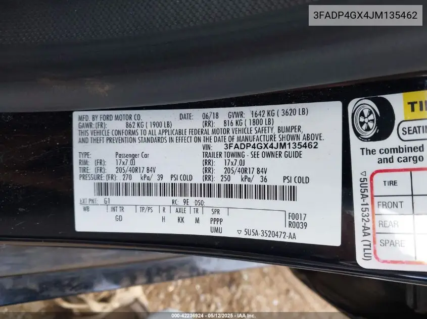 2018 Ford Fiesta St VIN: 3FADP4GX4JM135462 Lot: 42236924