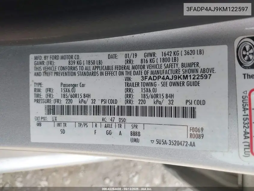 2019 Ford Fiesta S VIN: 3FADP4AJ9KM122597 Lot: 42264438
