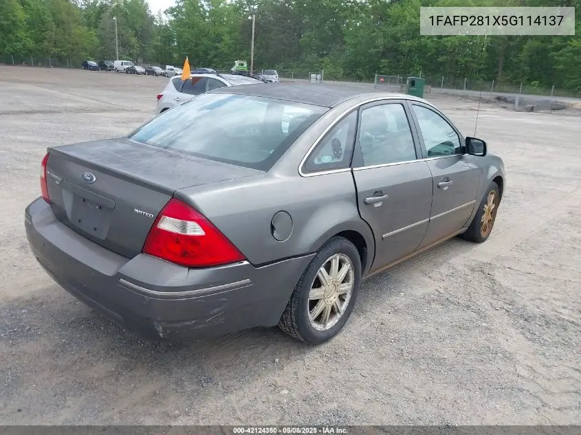 2005 Ford Five Hundred Limited VIN: 1FAFP281X5G114137 Lot: 42124350