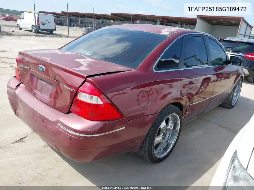 2005 Ford Five Hundred Limited VIN: 1FAFP25185G189472 Lot: 42184145