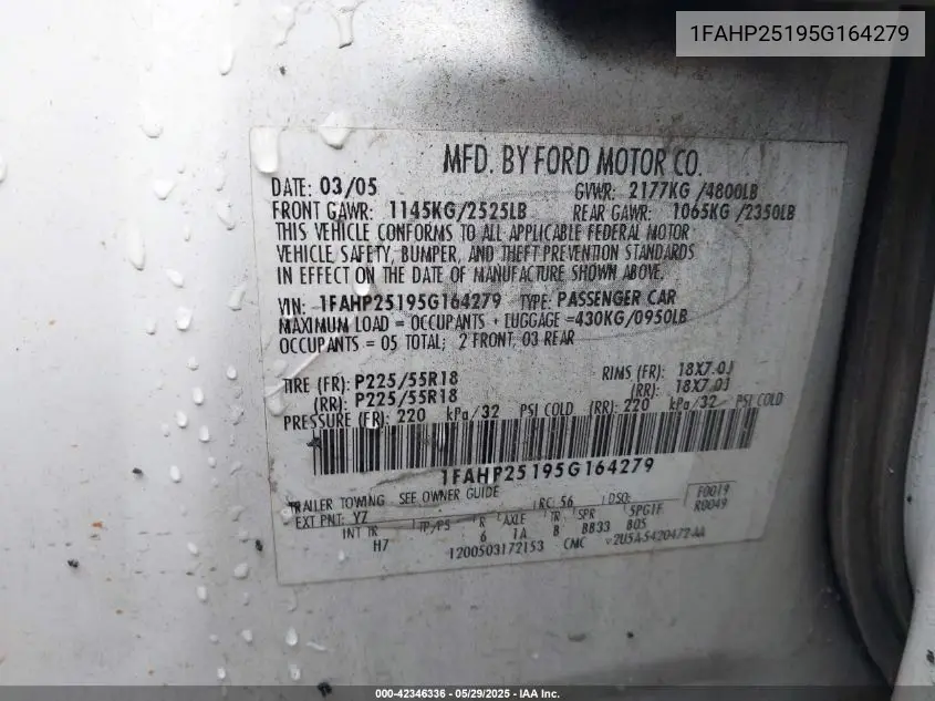 2005 Ford Five Hundred Limited VIN: 1FAHP25195G164279 Lot: 42346336