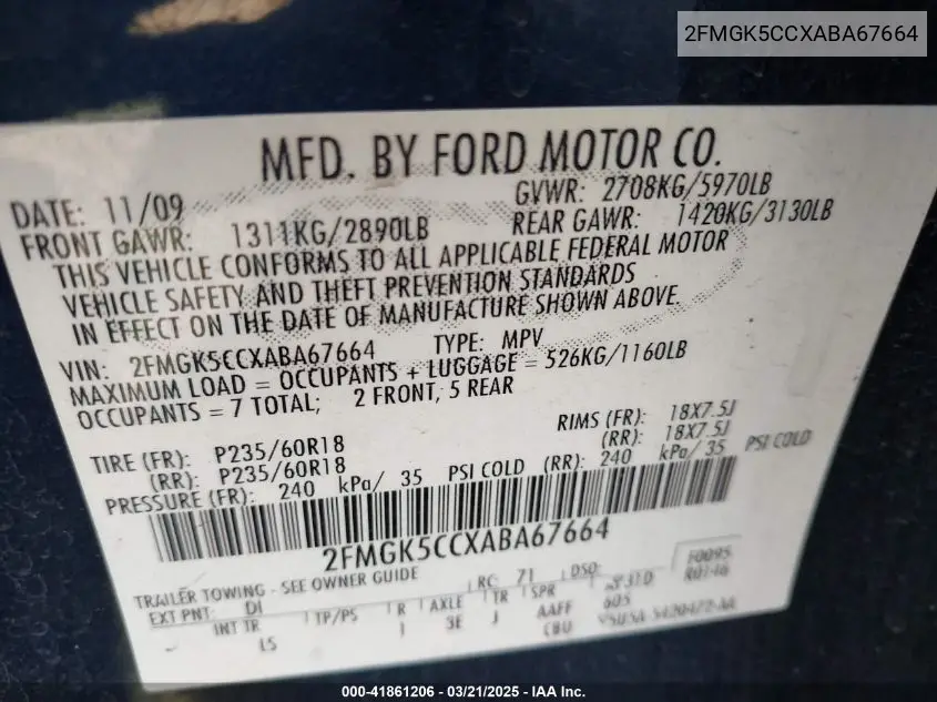 2010 Ford Flex Sel VIN: 2FMGK5CCXABA67664 Lot: 41861206