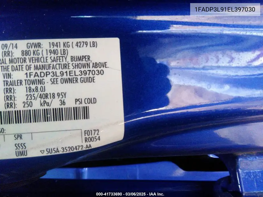 2014 Ford Focus St VIN: 1FADP3L91EL397030 Lot: 41733690