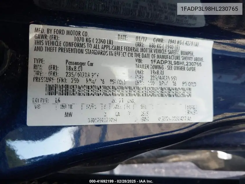 2017 Ford Focus St VIN: 1FADP3L98HL230765 Lot: 41692199