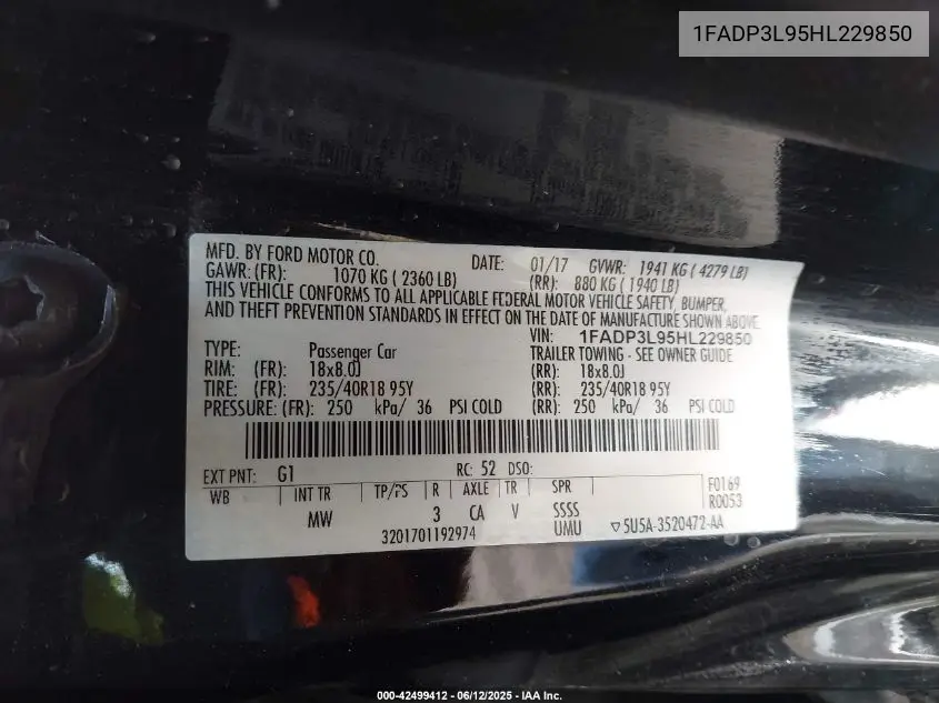 2017 Ford Focus St VIN: 1FADP3L95HL229850 Lot: 42499412