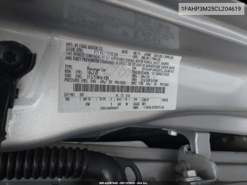 2012 Ford Focus Sel VIN: 1FAHP3M25CL204619 Lot: 42267445
