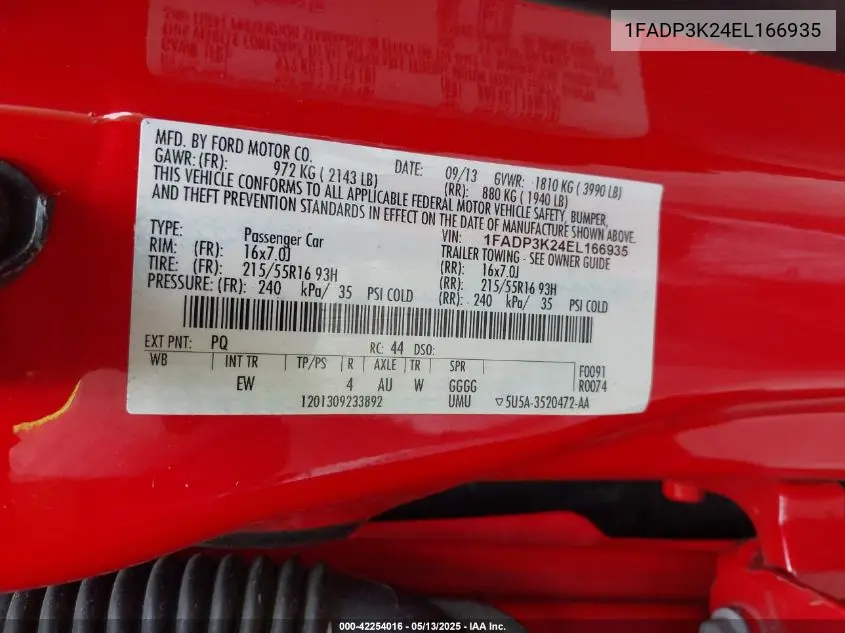 2014 Ford Focus Se VIN: 1FADP3K24EL166935 Lot: 42254016