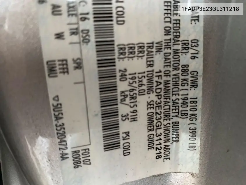 1FADP3E23GL311218 2016 Ford Focus S