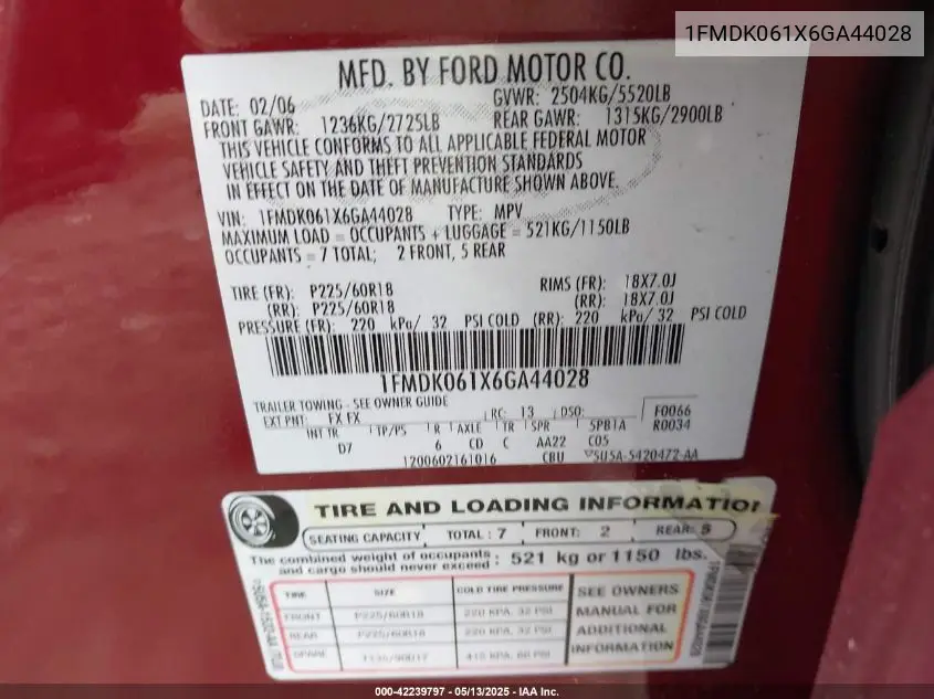 2006 Ford Freestyle Limited VIN: 1FMDK061X6GA44028 Lot: 42239797
