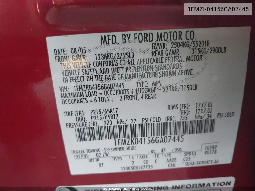 2006 Ford Freestyle Se VIN: 1FMZK04156GA07445 Lot: 42450927