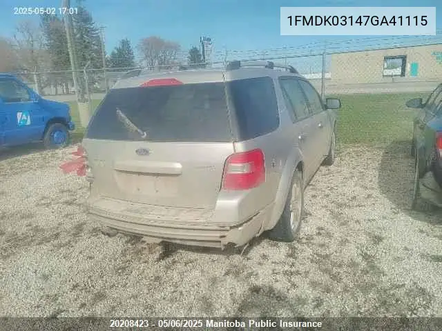 2007 Ford Freestyle Limited VIN: 1FMDK03147GA41115 Lot: 20208423