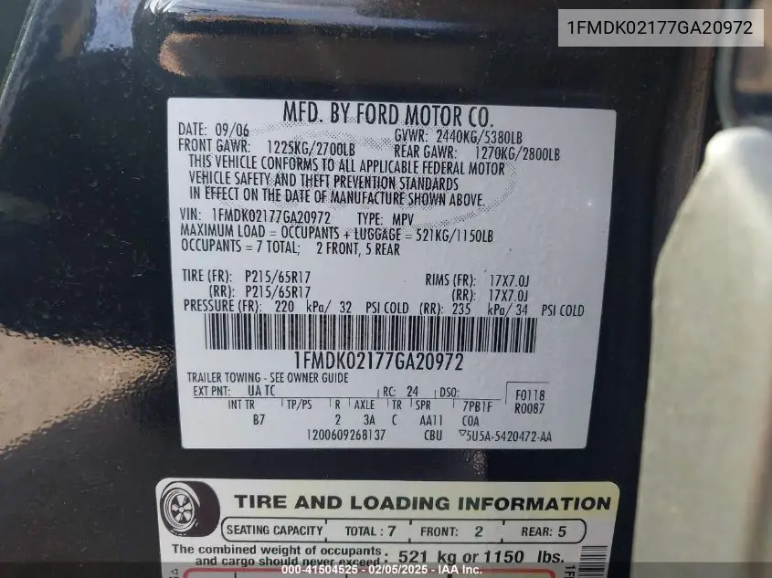 2007 Ford Freestyle Sel VIN: 1FMDK02177GA20972 Lot: 41504525