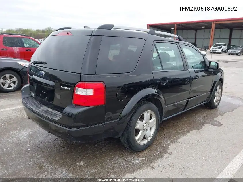 2007 Ford Freestyle Limited VIN: 1FMZK06187GA00892 Lot: 41894153