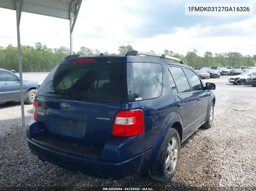 2007 Ford Freestyle Limited VIN: 1FMDK03127GA16326 Lot: 42025454