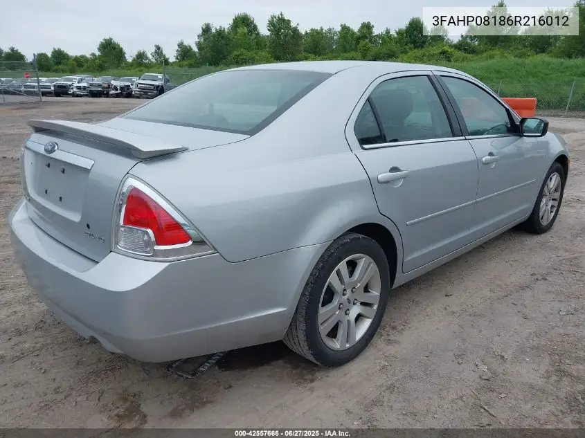 2006 Ford Fusion Sel VIN: 3FAHP08186R216012 Lot: 42557666