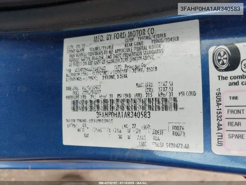 2010 Ford Fusion Se VIN: 3FAHP0HA1AR340583 Lot: 42782197