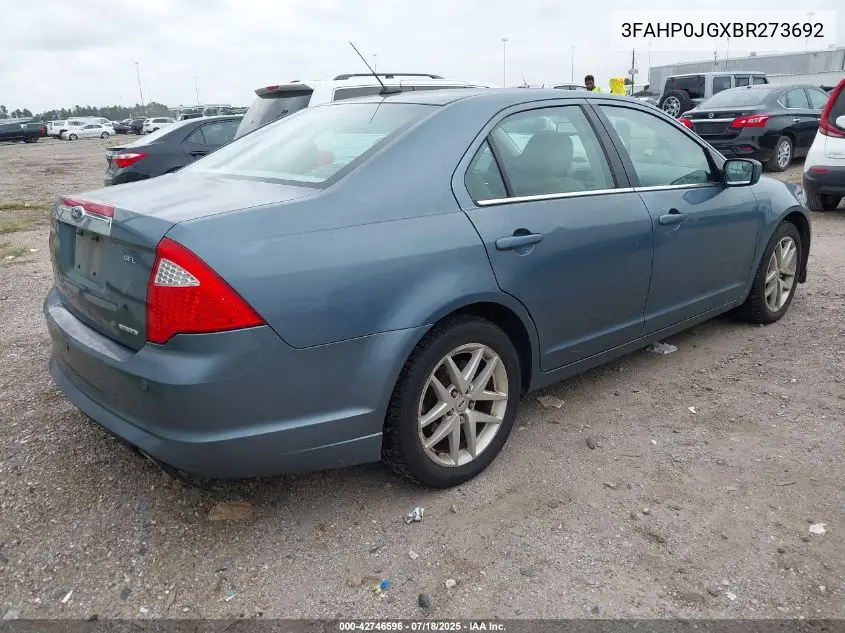 2011 Ford Fusion Sel VIN: 3FAHP0JGXBR273692 Lot: 42746596