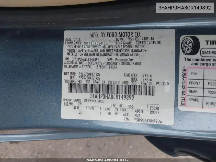 2012 Ford Fusion Se VIN: 3FAHP0HA8CR149892 Lot: 42245230