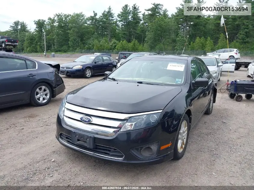 2012 Ford Fusion S VIN: 3FAHP0GA0CR153694 Lot: 42607834