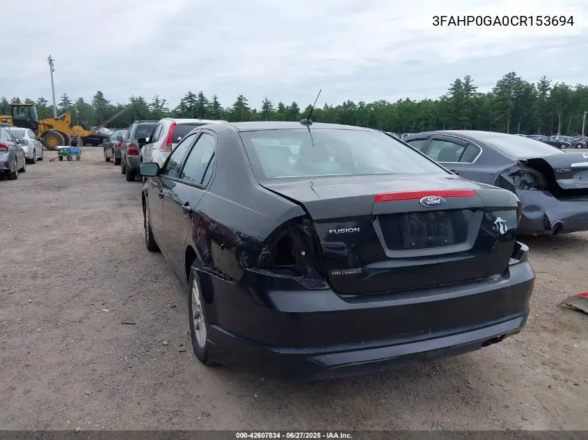 2012 Ford Fusion S VIN: 3FAHP0GA0CR153694 Lot: 42607834