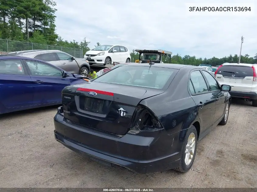 2012 Ford Fusion S VIN: 3FAHP0GA0CR153694 Lot: 42607834