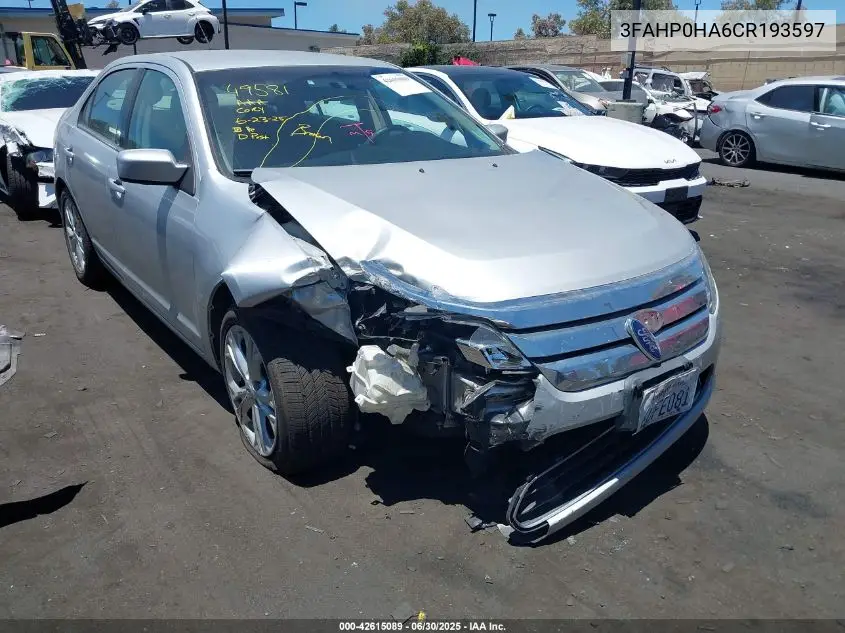 2012 Ford Fusion Se VIN: 3FAHP0HA6CR193597 Lot: 42615089