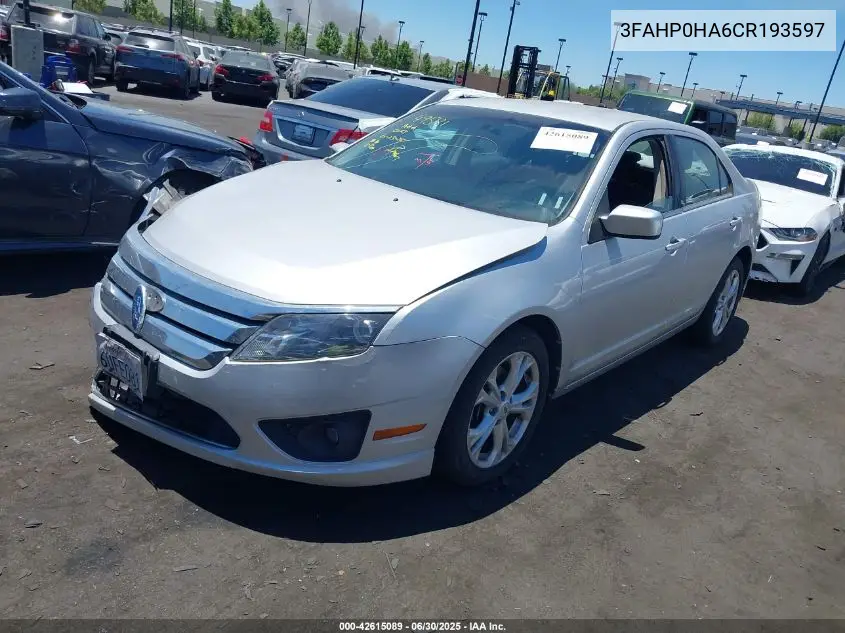 2012 Ford Fusion Se VIN: 3FAHP0HA6CR193597 Lot: 42615089