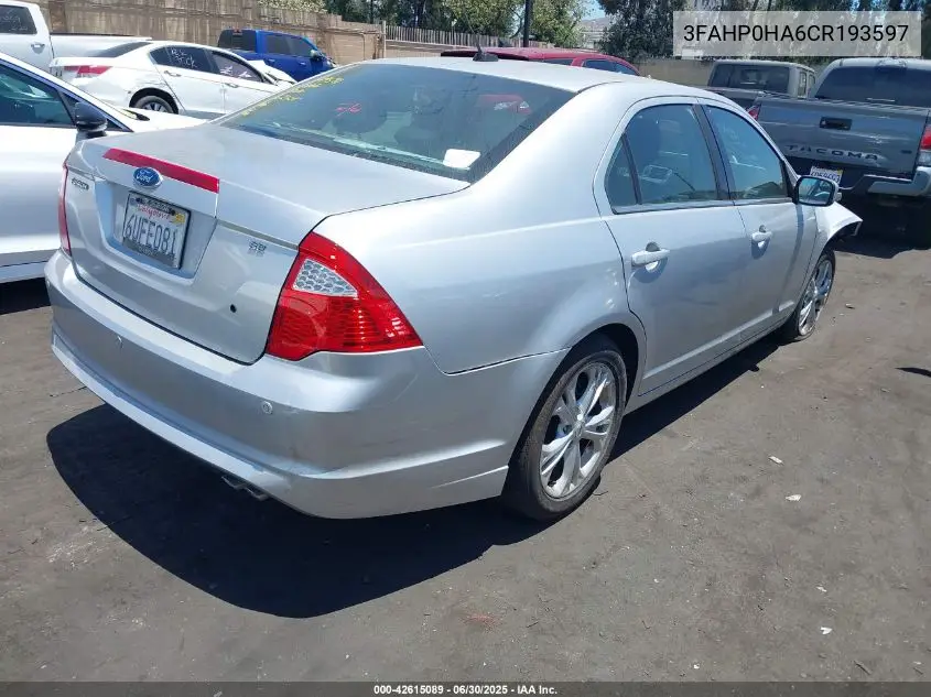 2012 Ford Fusion Se VIN: 3FAHP0HA6CR193597 Lot: 42615089