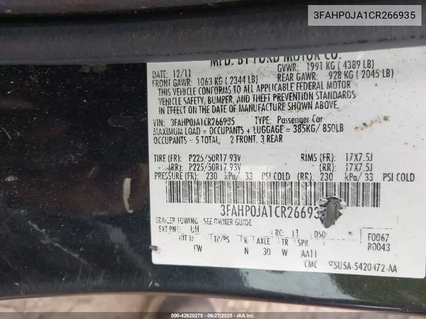 2012 Ford Fusion Sel VIN: 3FAHP0JA1CR266935 Lot: 42620275