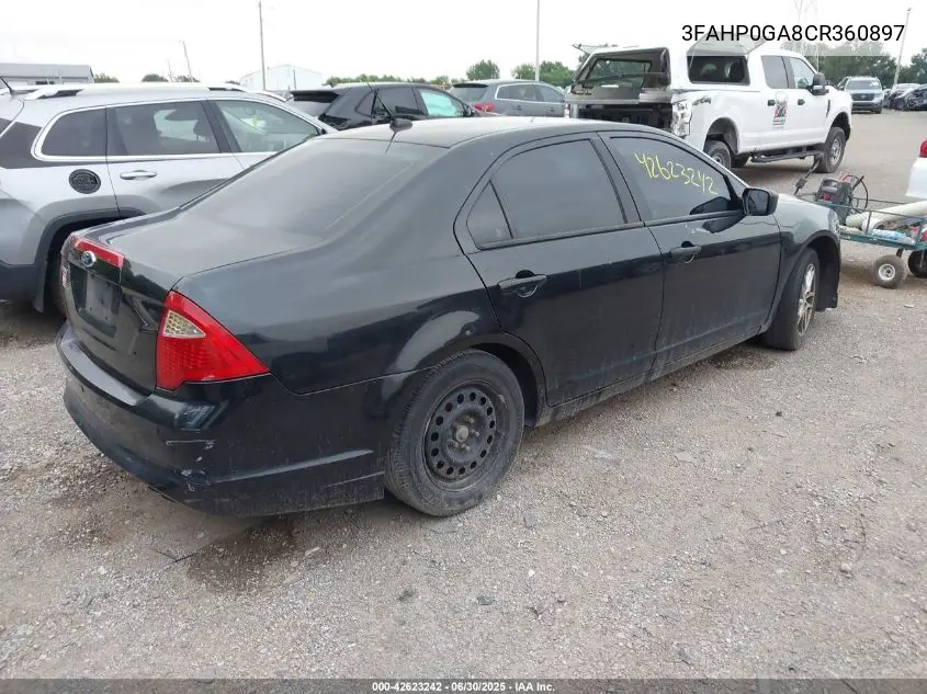 2012 Ford Fusion S VIN: 3FAHP0GA8CR360897 Lot: 42623242