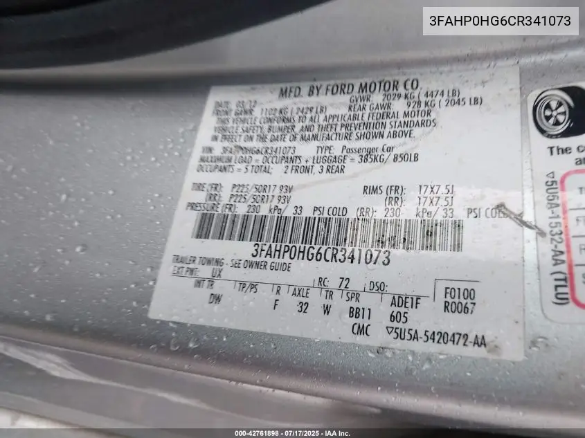 2012 Ford Fusion Se VIN: 3FAHP0HG6CR341073 Lot: 42761898