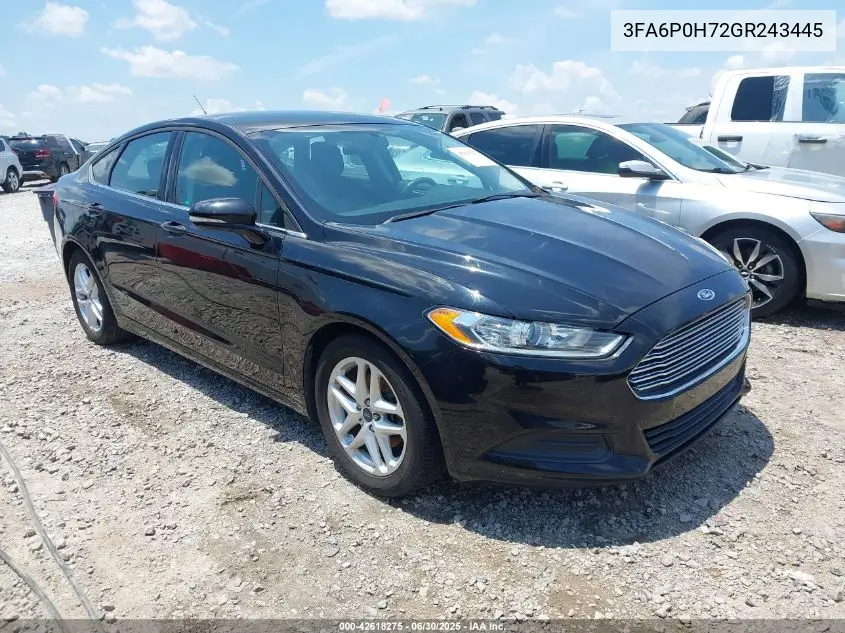 2016 Ford Fusion Se VIN: 3FA6P0H72GR243445 Lot: 42618275