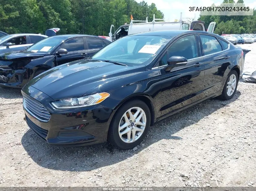2016 Ford Fusion Se VIN: 3FA6P0H72GR243445 Lot: 42618275