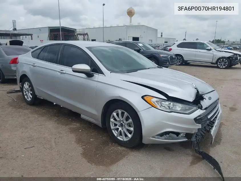 2017 Ford Fusion S VIN: 3FA6P0G70HR194801 Lot: 42753395
