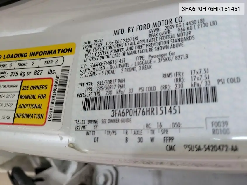 2017 Ford Fusion Se VIN: 3FA6P0H76HR151451 Lot: 42787592