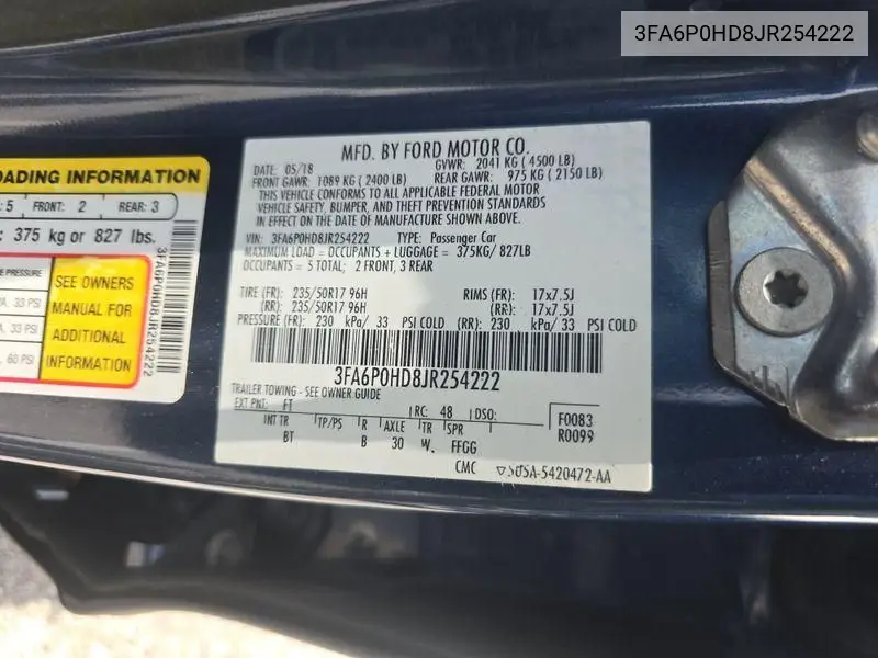 2018 Ford Fusion Se VIN: 3FA6P0HD8JR254222 Lot: 42787300